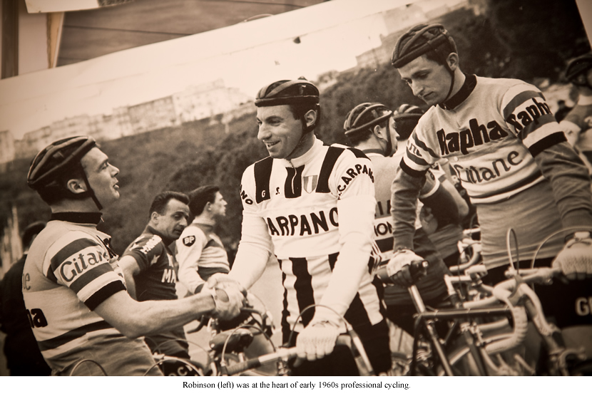 Image of Brian Robinson photo of him on left Tom Simpson on right at start of a race in 1960